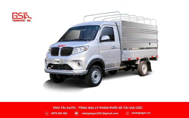 Xe tải SRM T35 thùng khung mui là mẫu xe tải nhẹ dưới 1 tấn, với thùng khung thép phủ bạt chắc chắn