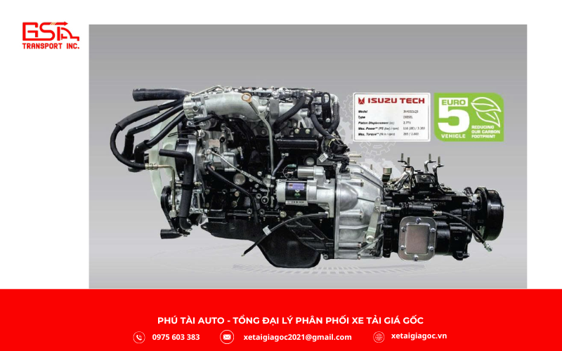 Xe tải Đô Thành IZ45S sở hữu khối động cơ JX493ZLQ5 Euro 5 mạnh mẽ và tiết kiệm nhiên liệu, đáp ứng các tiêu chuẩn khí thải hiện đại.