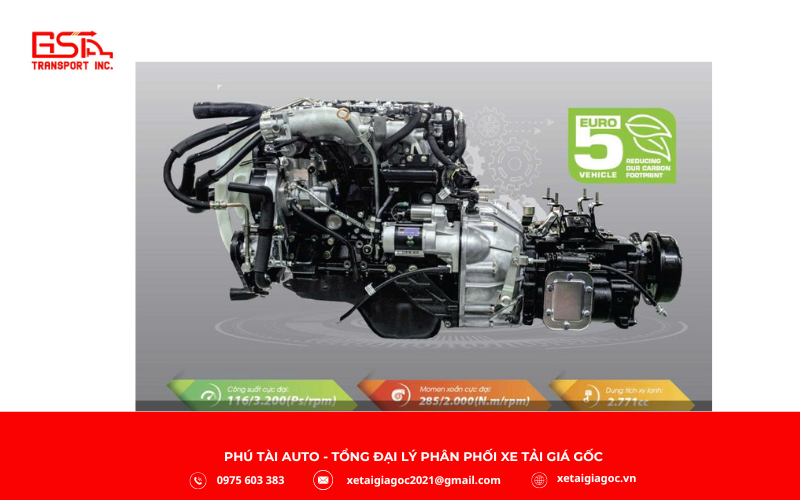 Xe tải Đô Thành IZ65M Plus trang bị động cơ JX493ZLQ5 Euro 5 hiện đại, dung tích 2.771 cc, 4 kỳ, 4 xi-lanh thẳng hàng, tăng áp và làm mát bằng nước