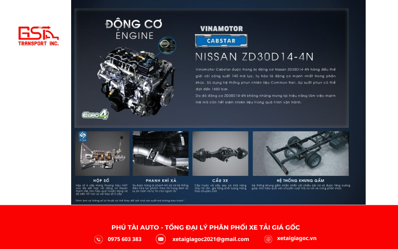 Xe tải Nissan Vinamotor Cabstar sử dụng động cơ diesel ZD30D14-4N 4 xi-lanh, turbo tăng áp