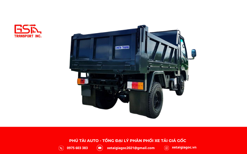 Thùng ben Xe tải Chiến Thắng 5T6 có kích thước phổ biến 3.130 x 2.020 x 750 mm, dung tích 4.7-4.8 m³, làm từ thép dày 4-6 mm