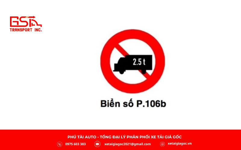 Biển P.106b – Cấm xe tải theo tải trọng là loại biển báo dùng để hạn chế các phương tiện có tải trọng lớn lưu thông trên những tuyến đường hoặc công trình hạ tầng không đủ khả năng chịu tải, nhằm đảm bảo an toàn giao thông và bảo vệ cầu đường.