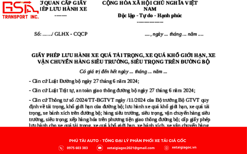 Mẫu Giấy phép lưu hành xe vượt quá tải trọng