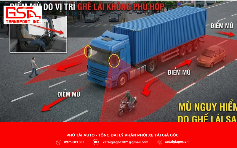 Vị trí ghế lái không phù hợp là một nguyên nhân thường gặp làm gia tăng điểm mù trên xe tải.